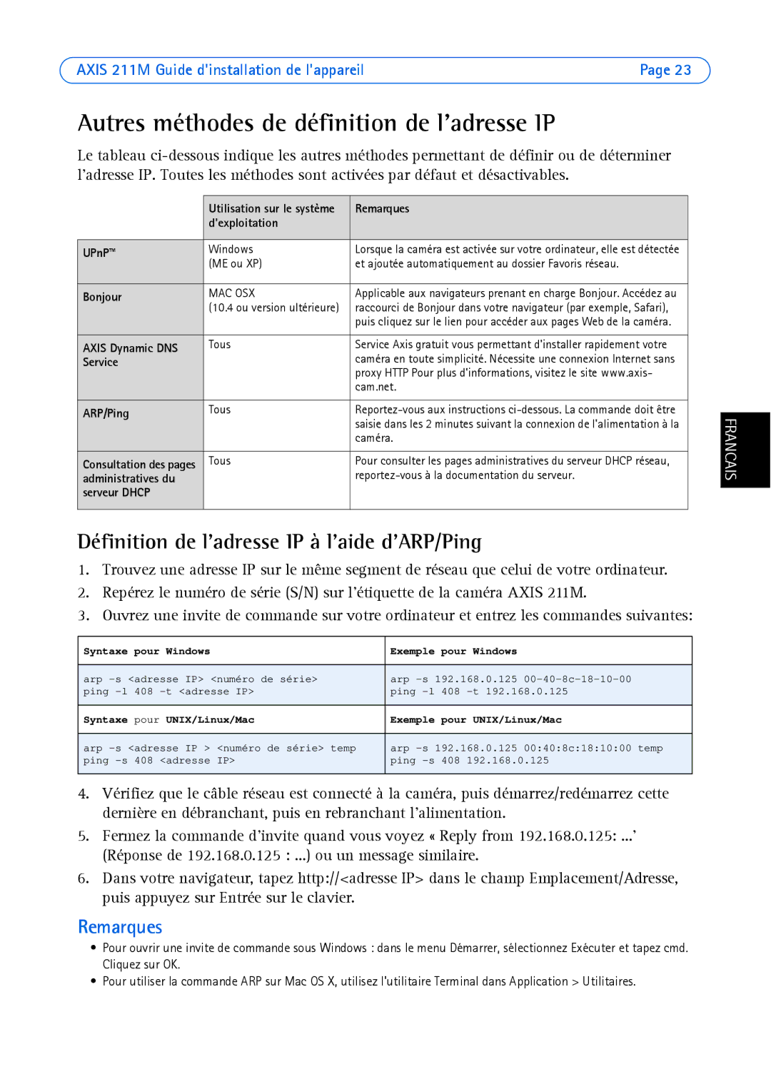 Axis Communications AXIS 211M Autres méthodes de définition de ladresse IP, Définition de ladresse IP à laide dARP/Ping 