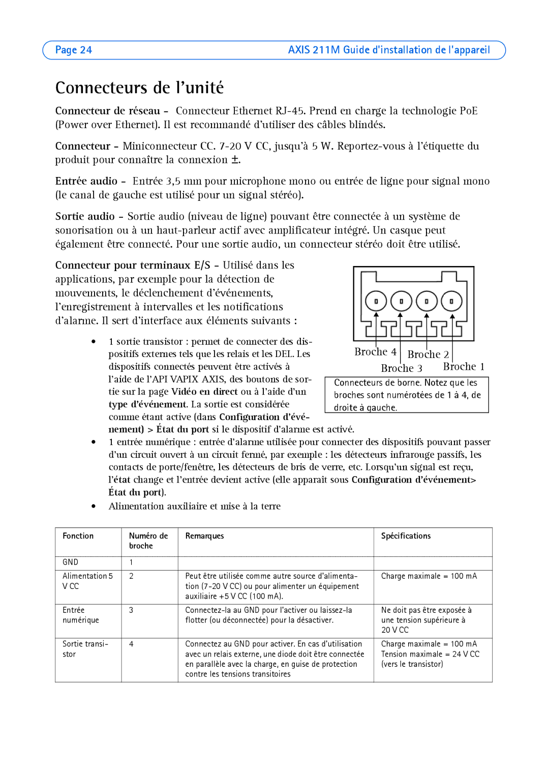 Axis Communications AXIS 211M manual Connecteurs de lunité, Fonction Numéro de Remarques Spécifications Broche 