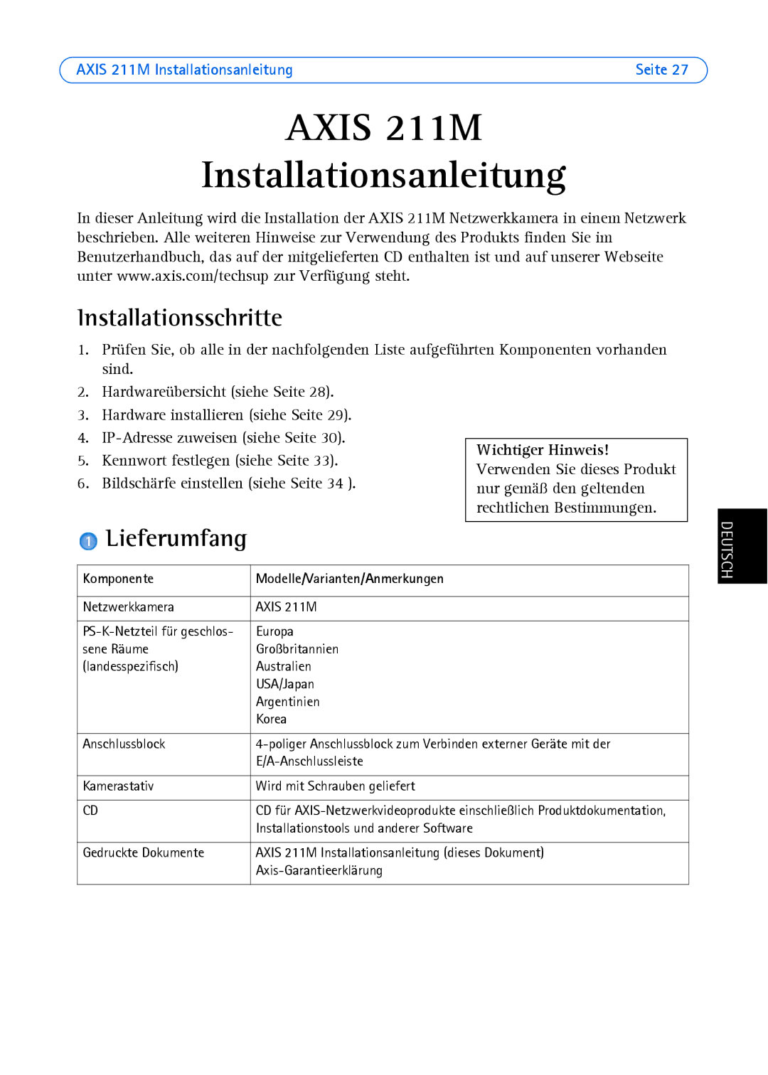 Axis Communications AXIS 211M manual Installationsschritte, Lieferumfang, Komponente Modelle/Varianten/Anmerkungen 