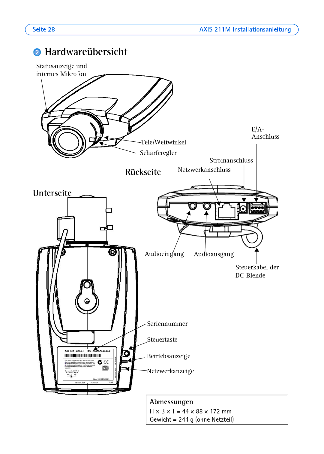 Axis Communications AXIS 211M manual Hardwareübersicht, Unterseite, Abmessungen 