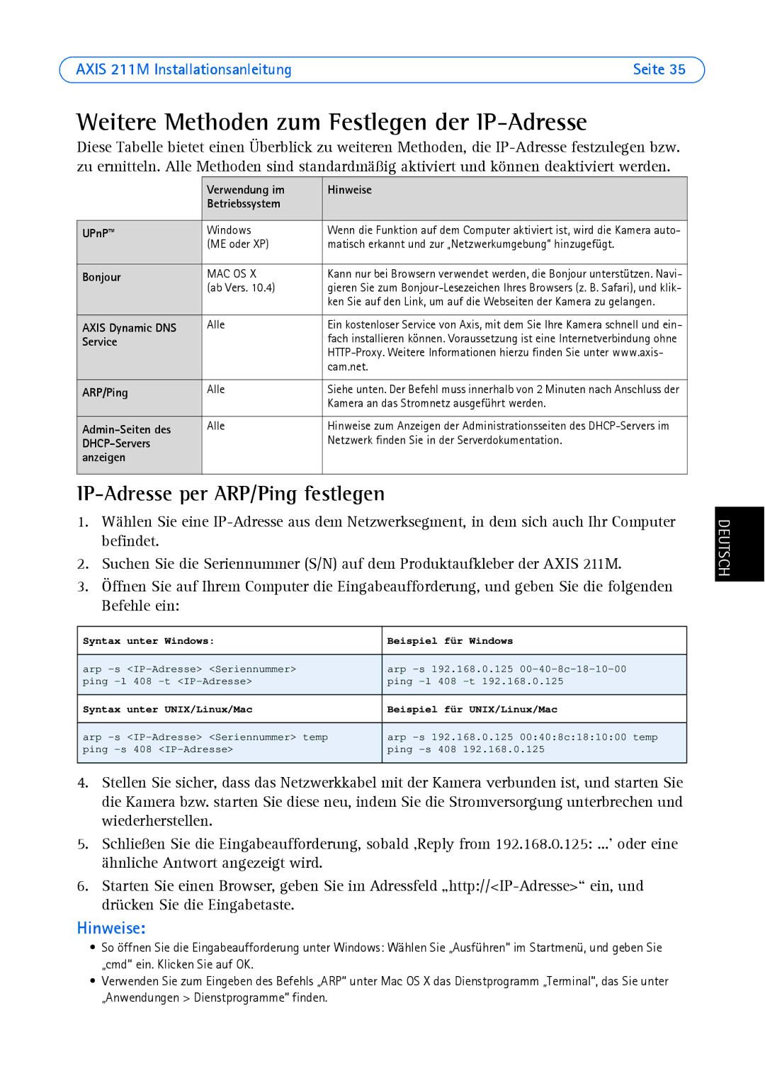 Axis Communications AXIS 211M manual Weitere Methoden zum Festlegen der IP-Adresse, IP-Adresse per ARP/Ping festlegen 