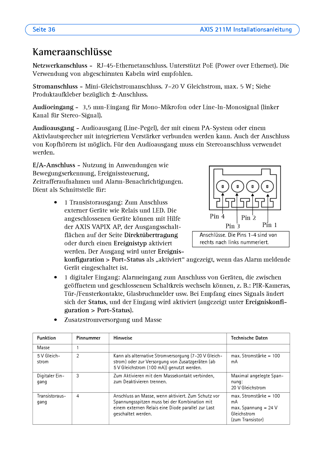 Axis Communications AXIS 211M manual Kameraanschlüsse, Funktion Pinnummer Hinweise Technische Daten 