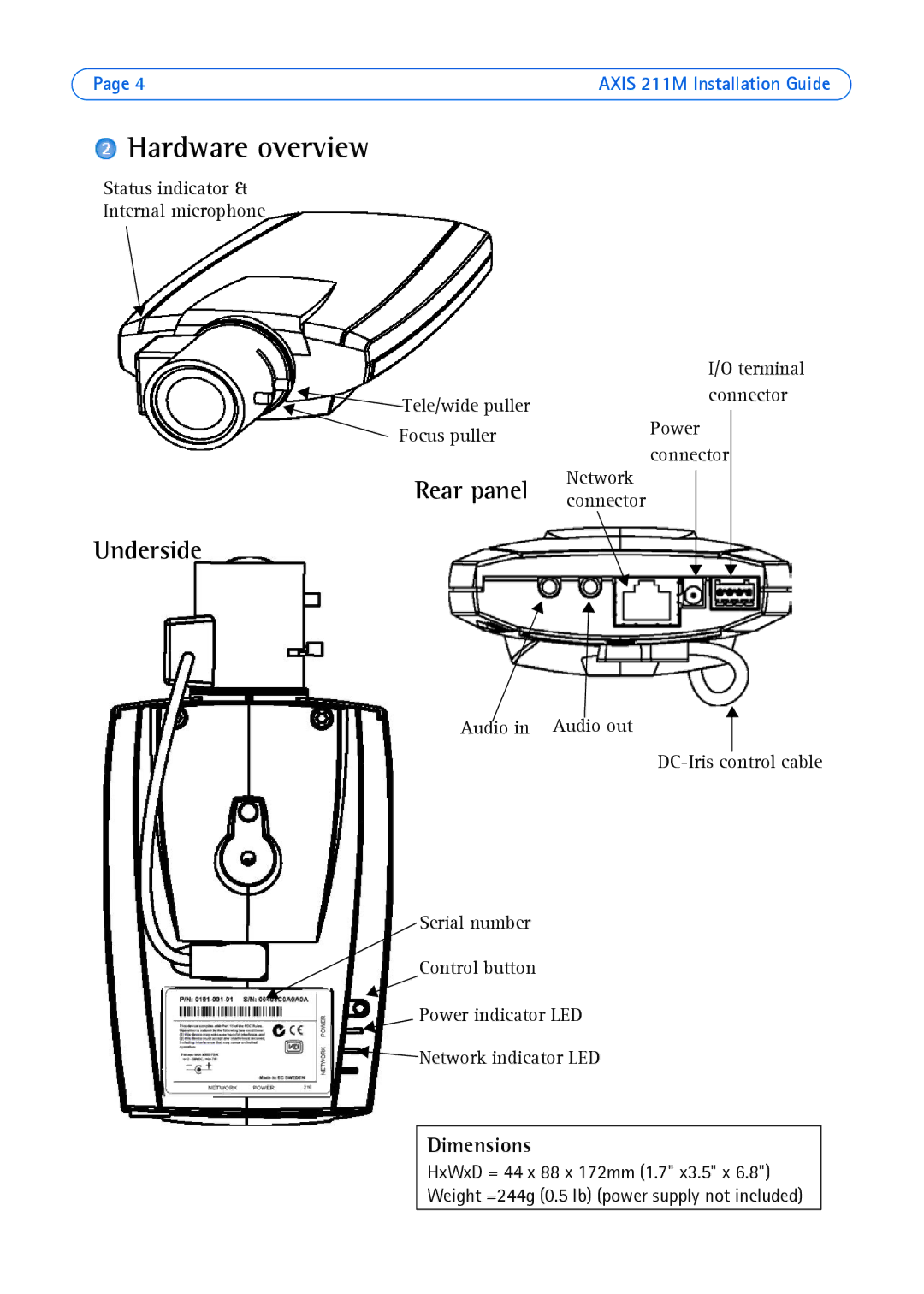 Axis Communications AXIS 211M manual Hardware overview, Rear panel, Underside, Dimensions 