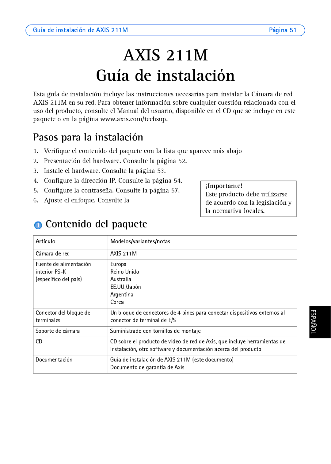 Axis Communications AXIS 211M manual Pasos para la instalación, Contenido del paquete, Artículo Modelos/variantes/notas 