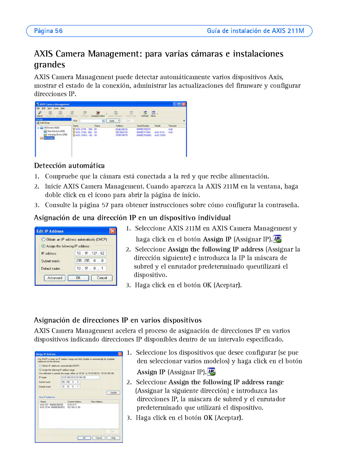 Axis Communications AXIS 211M manual Asignación de una dirección IP en un dispositivo individual 