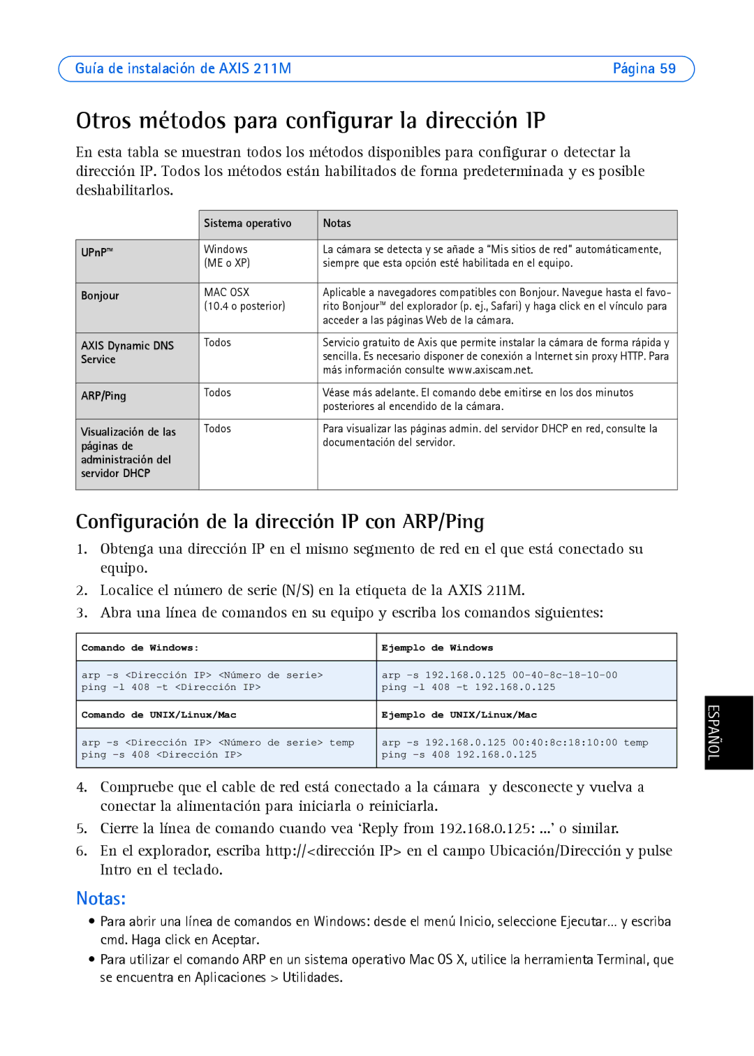 Axis Communications AXIS 211M Otros métodos para configurar la dirección IP, Configuración de la dirección IP con ARP/Ping 