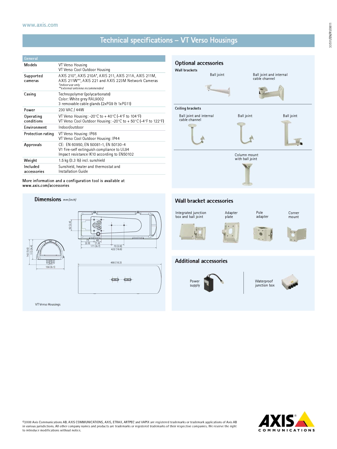 Axis Communications AXIS 211M Dimensions mm inch, Optional accessories, Wall bracket accessories, Additional accessories 