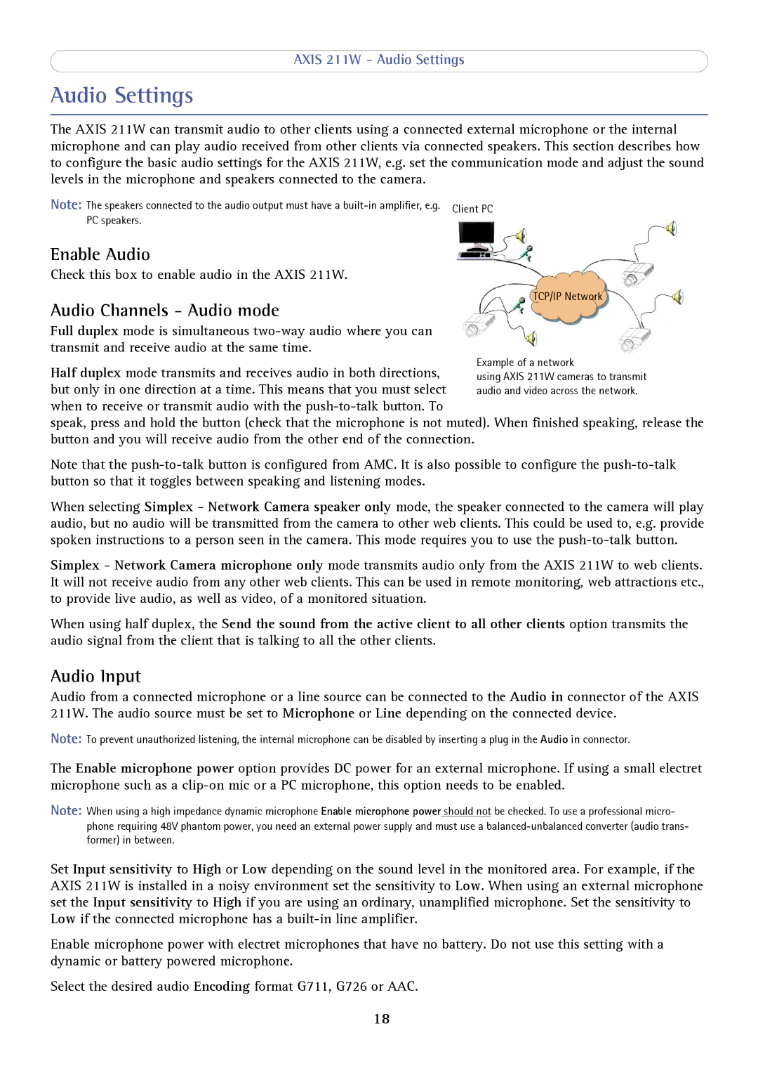 Axis Communications AXIS 211W user manual Audio Settings, Enable Audio, Audio Channels Audio mode, Audio Input 