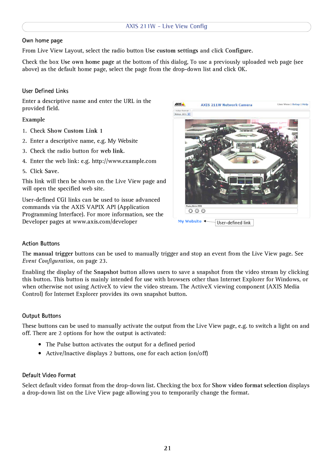 Axis Communications AXIS 211W Own home, User Defined Links, Example Check Show Custom Link, Action Buttons, Output Buttons 