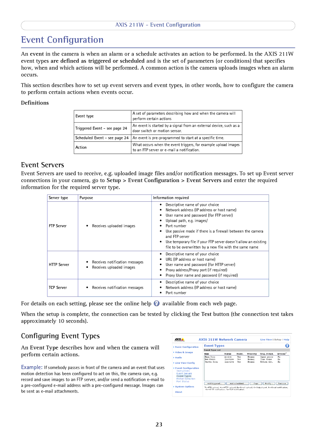 Axis Communications AXIS 211W user manual Event Configuration, Event Servers, Configuring Event Types, Definitions 