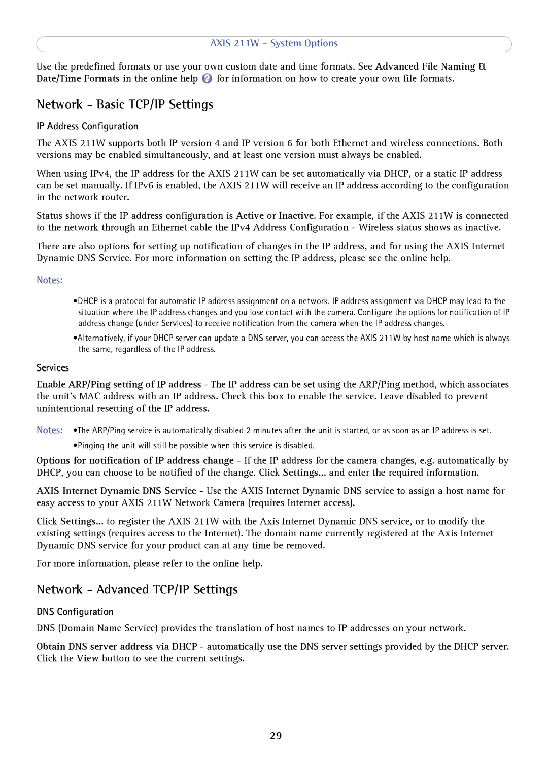 Axis Communications AXIS 211W Network Basic TCP/IP Settings, Network Advanced TCP/IP Settings, IP Address Configuration 