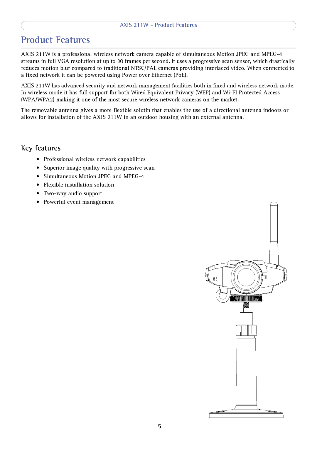 Axis Communications AXIS 211W user manual Product Features, Key features 