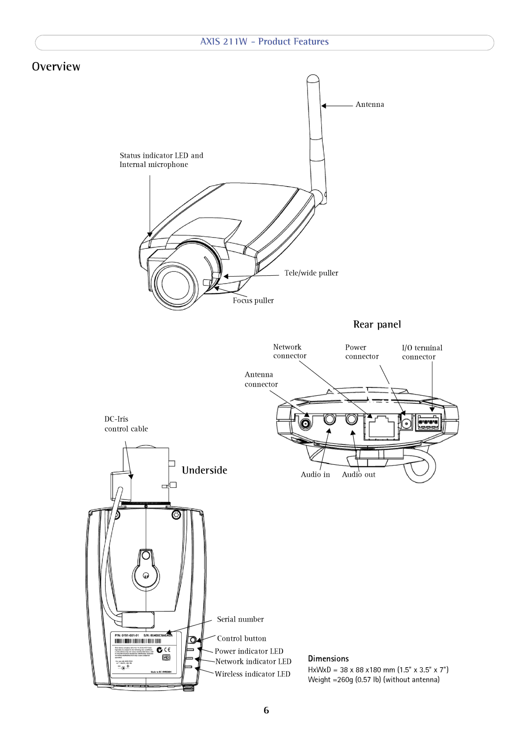 Axis Communications AXIS 211W user manual Overview, Terminal, Weight =260g 0.57 lb without antenna 