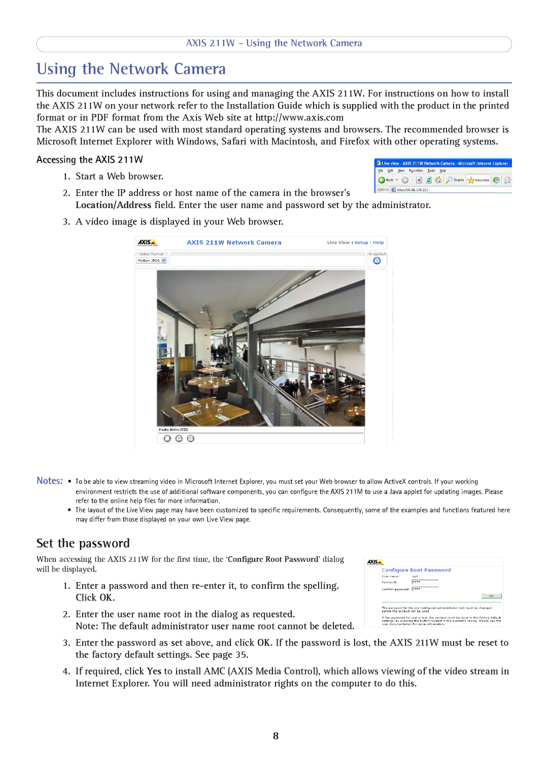 Axis Communications AXIS 211W user manual Using the Network Camera, Set the password, Accessing the Axis 211W 