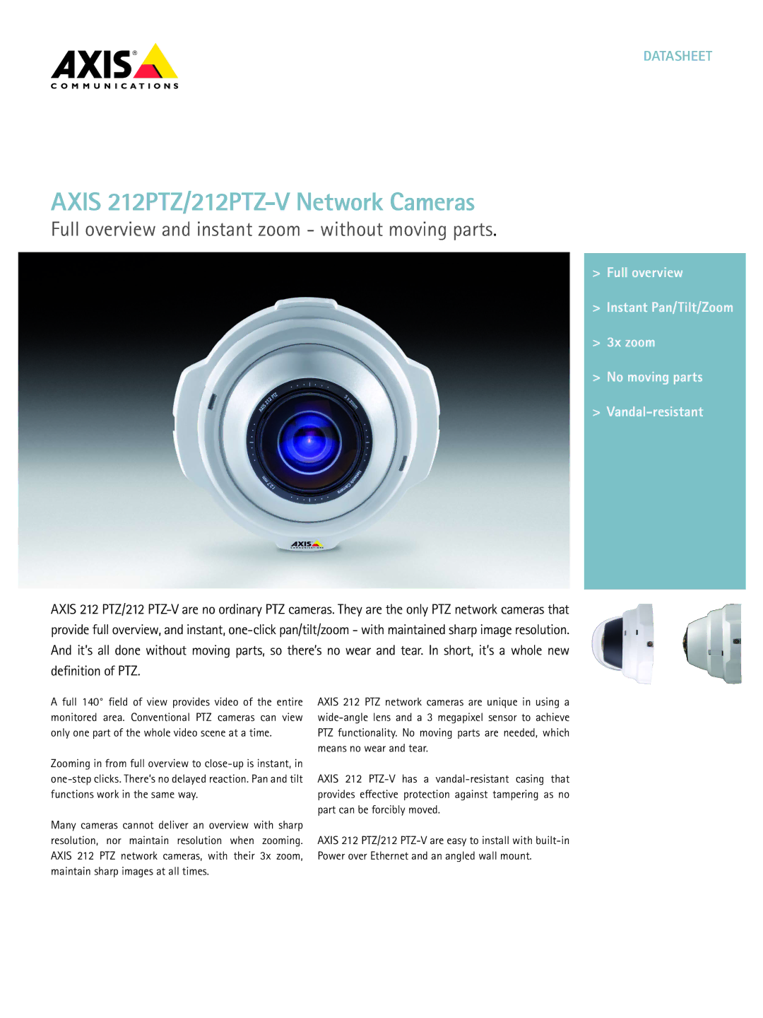 Axis Communications AXIS 212 PTZ manual Axis 212PTZ/212PTZ-V Network Cameras 