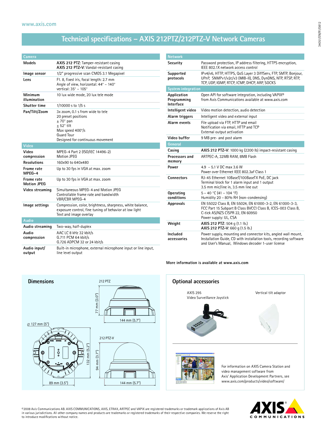 Axis Communications AXIS 212 PTZ manual Dimensions, Optional accessories 