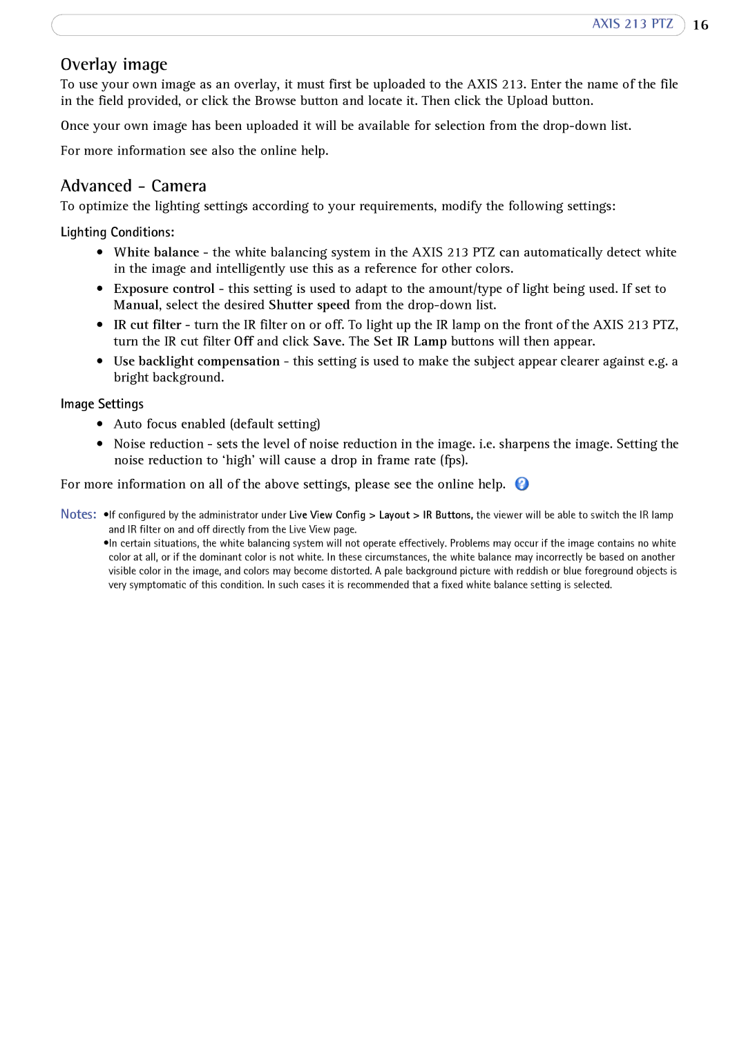 Axis Communications AXIS 213 PTZ user manual Overlay image, Advanced Camera, Lighting Conditions, Image Settings 