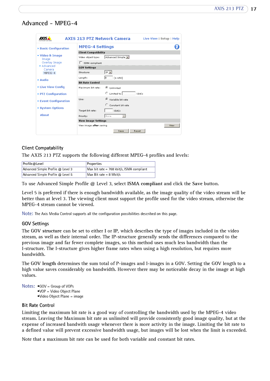 Axis Communications AXIS 213 PTZ user manual Advanced MPEG-4, Client Compatability, GOV Settings, Bit Rate Control 