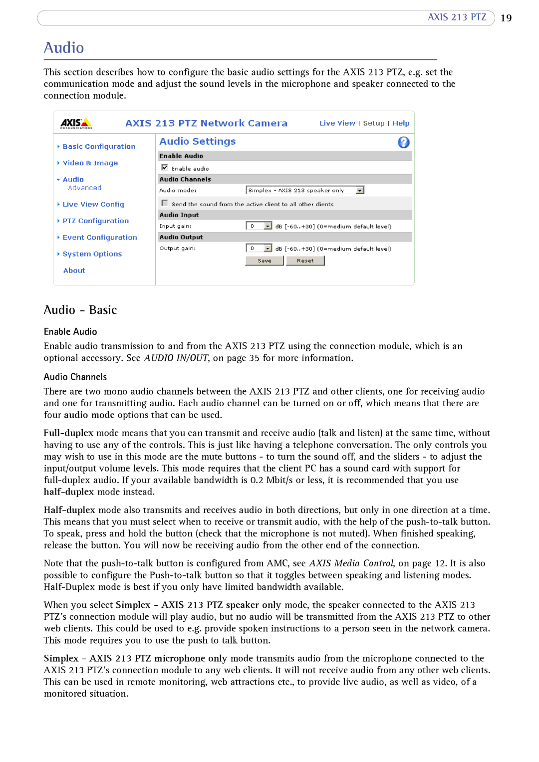 Axis Communications AXIS 213 PTZ user manual Audio Basic, Enable Audio, Audio Channels 