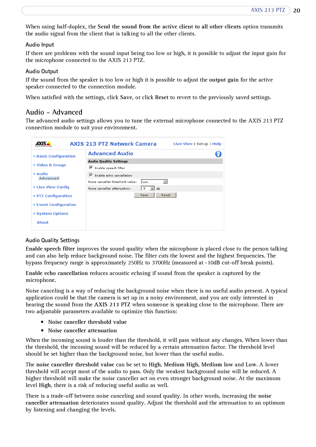 Axis Communications AXIS 213 PTZ user manual Audio Advanced, Audio Output, Audio Quality Settings 