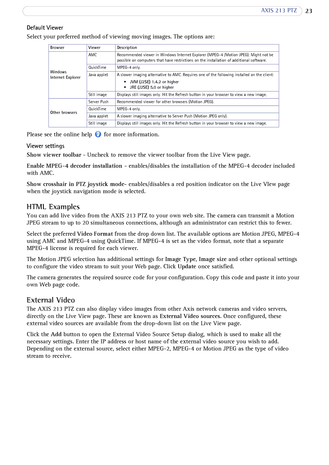 Axis Communications AXIS 213 PTZ user manual Html Examples, External Video, Default Viewer, Viewer settings 