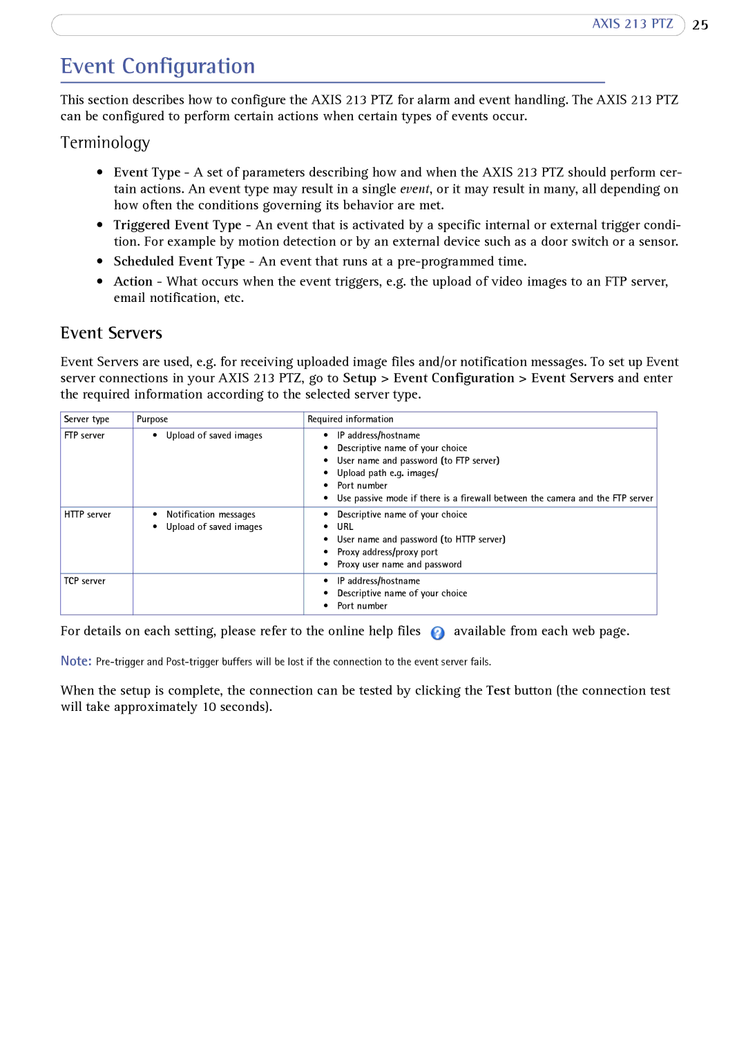 Axis Communications AXIS 213 PTZ user manual Event Configuration, Event Servers 