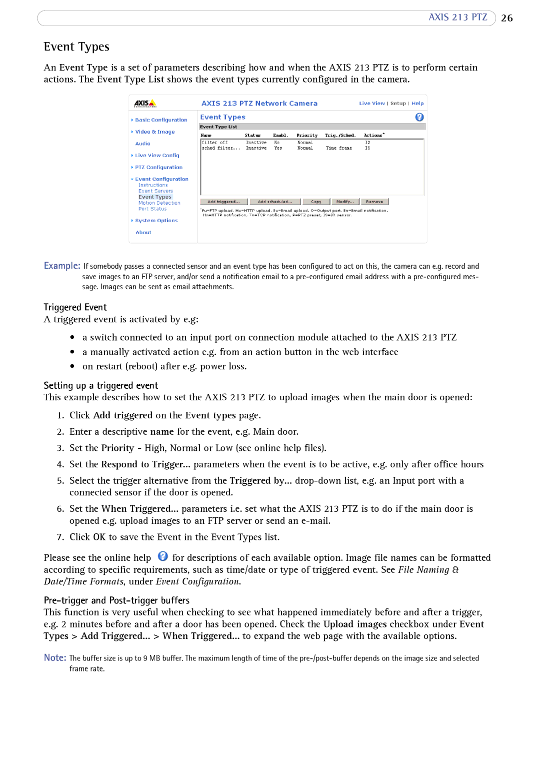 Axis Communications AXIS 213 PTZ user manual Event Types, Triggered Event, Setting up a triggered event 