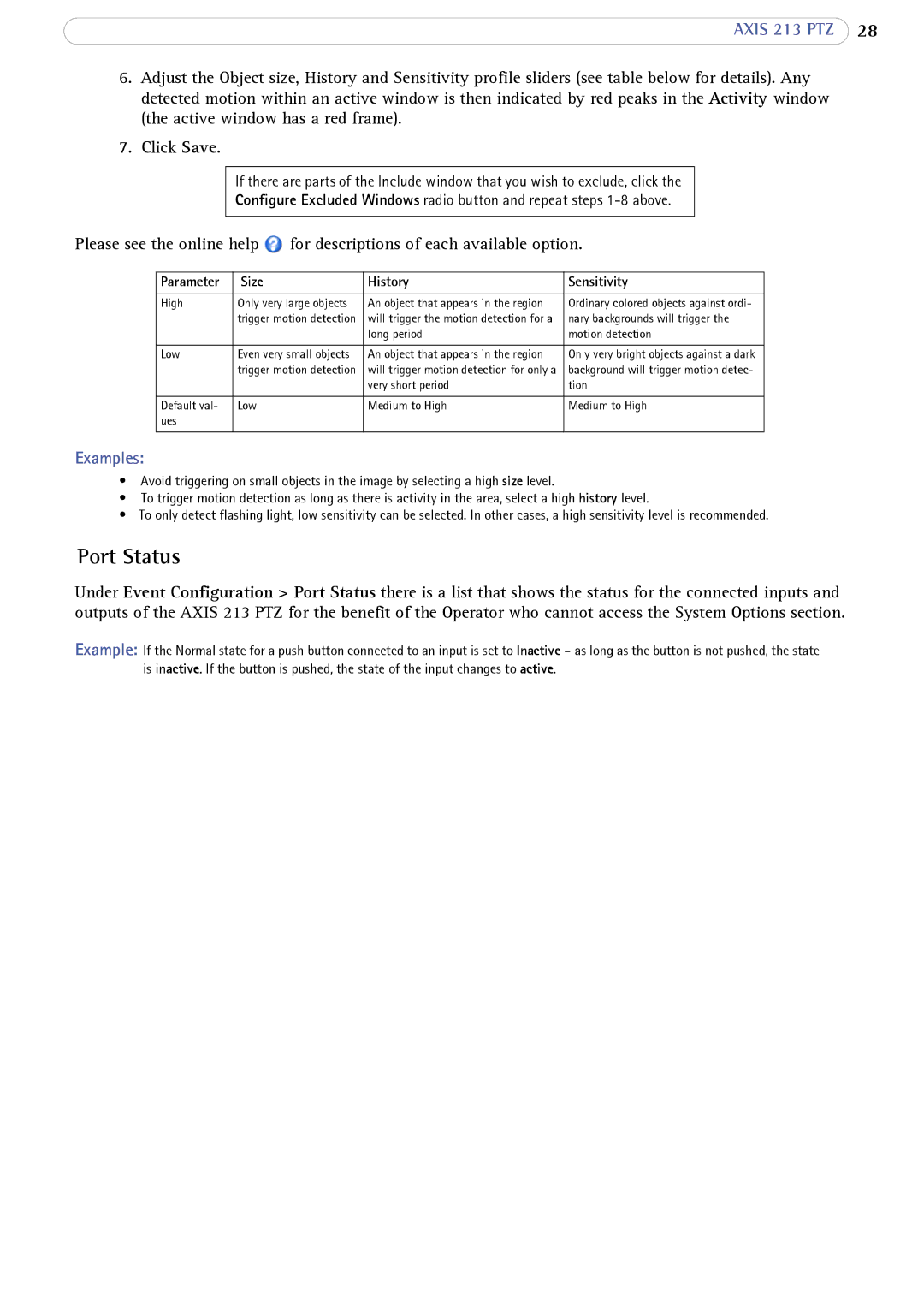 Axis Communications AXIS 213 PTZ user manual Port Status, Parameter Size History Sensitivity 