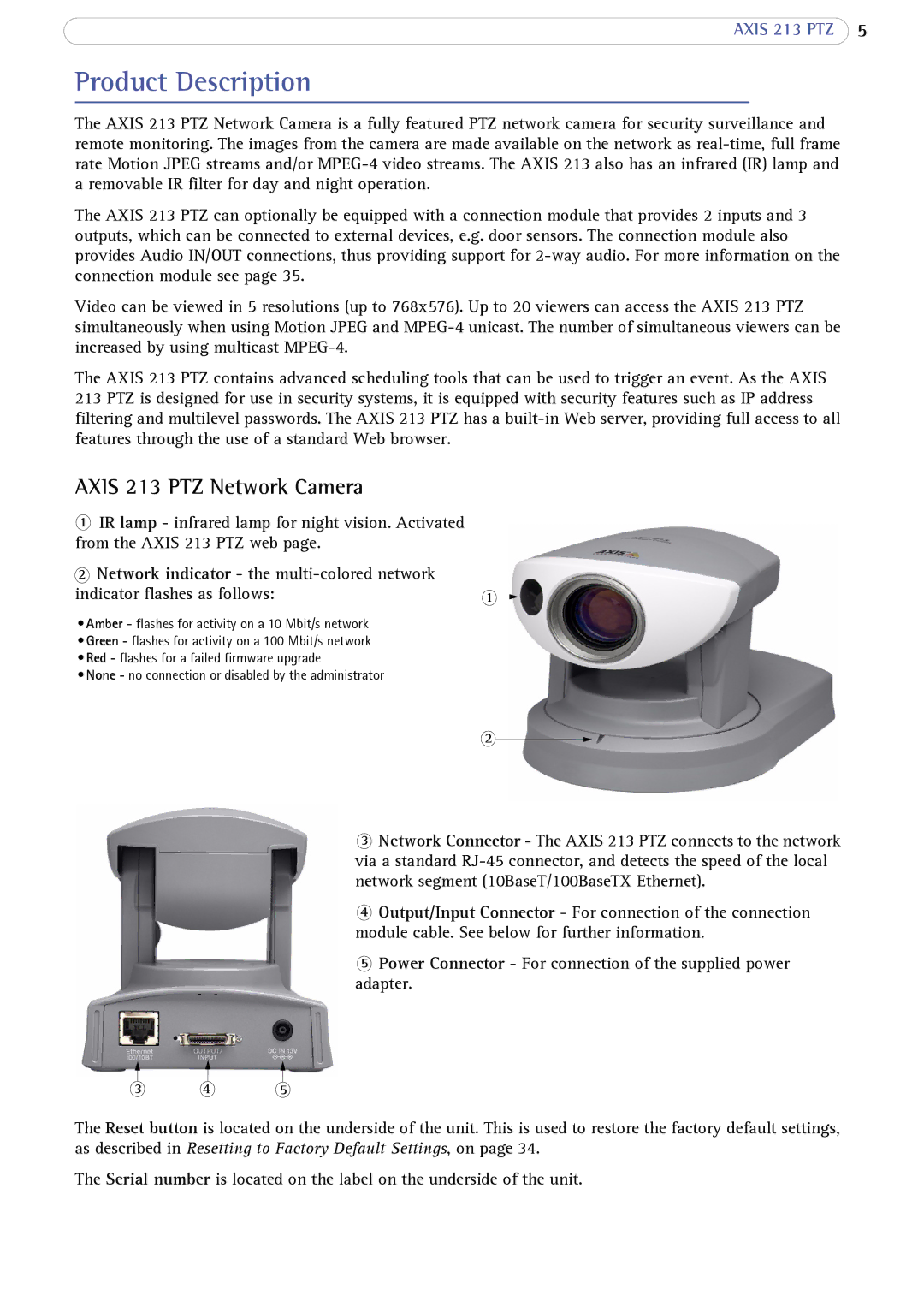 Axis Communications AXIS 213 PTZ user manual Product Description, Axis 213 PTZ Network Camera, Indicator flashes as follows 