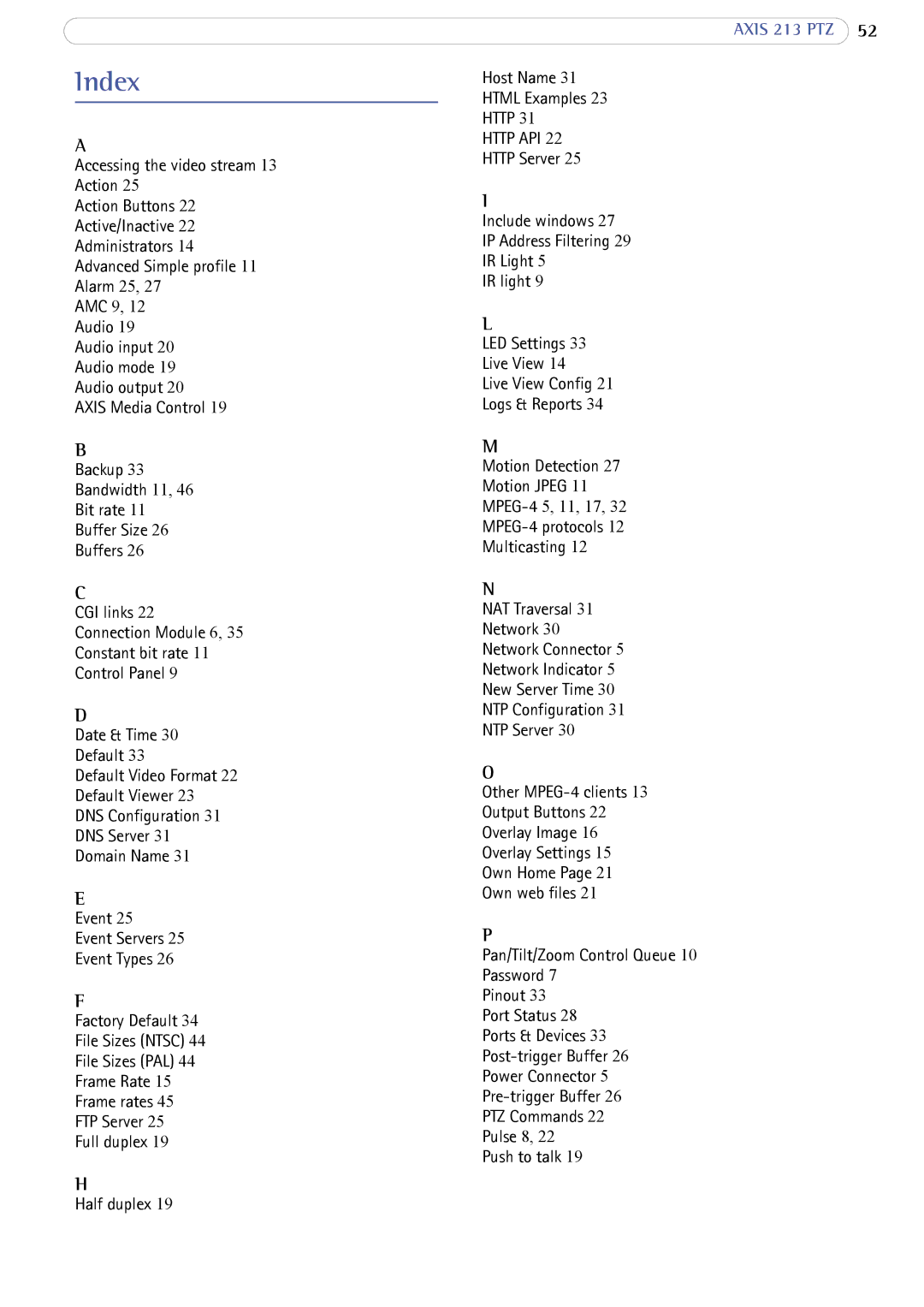 Axis Communications AXIS 213 PTZ user manual Index, Http Http API 