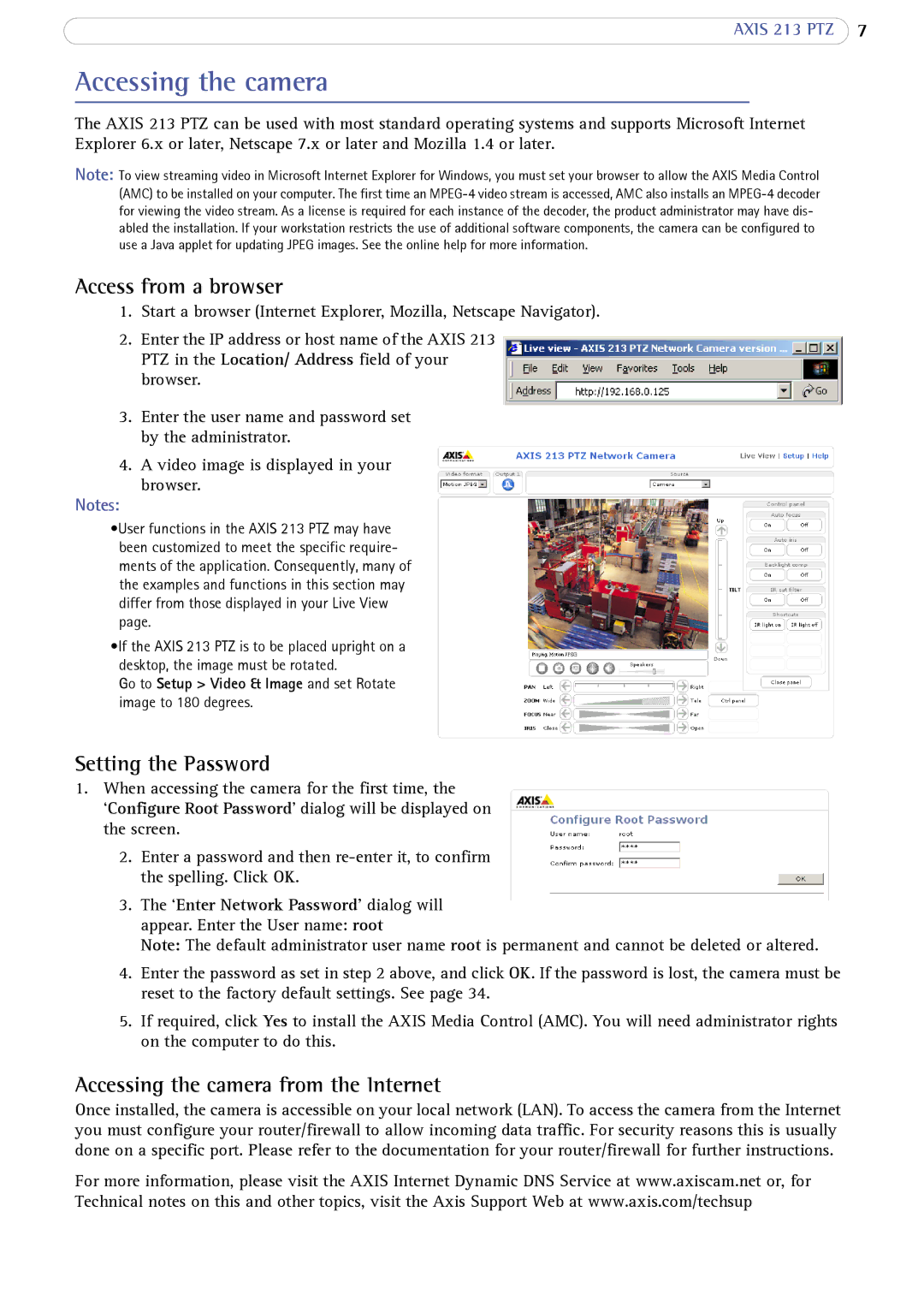 Axis Communications AXIS 213 PTZ user manual Accessing the camera, Access from a browser, Setting the Password 