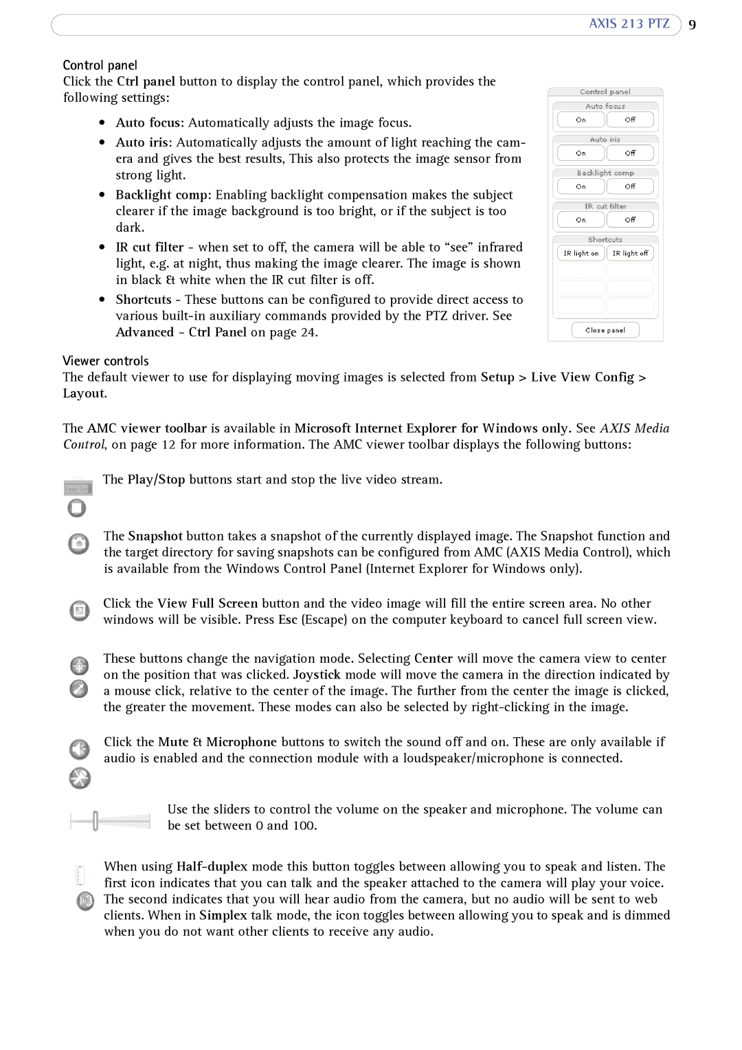 Axis Communications AXIS 213 PTZ user manual Control panel, Viewer controls 