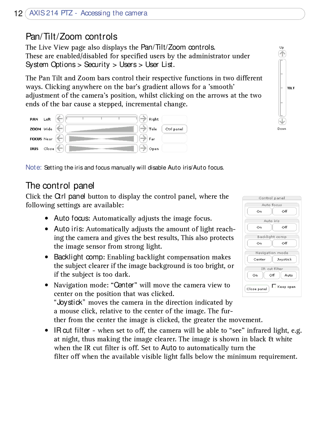 Axis Communications AXIS 214 PTZ user manual Pan/Tilt/Zoom controls, Control panel 