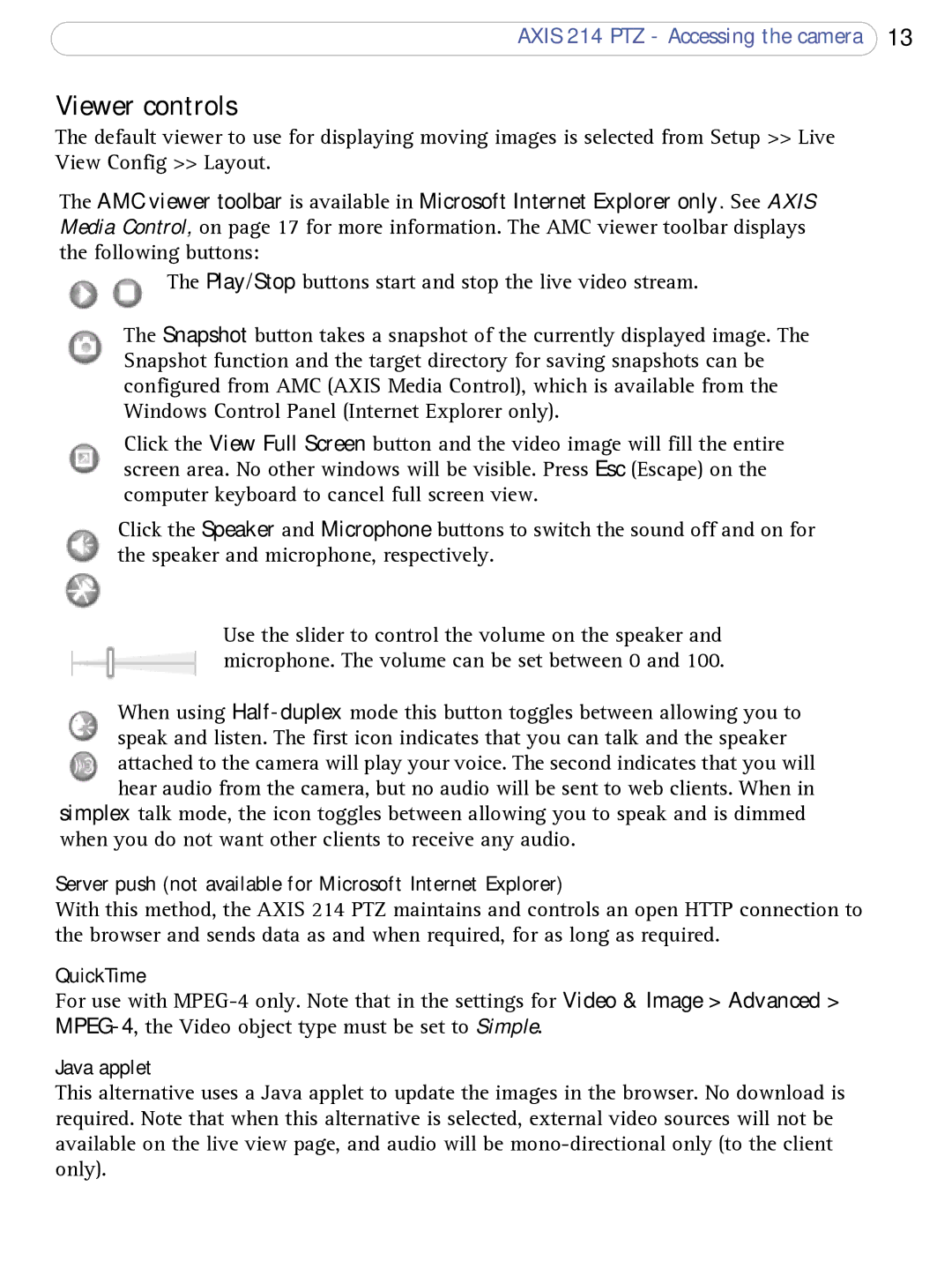 Axis Communications AXIS 214 PTZ Viewer controls, Server push not available for Microsoft Internet Explorer, QuickTime 