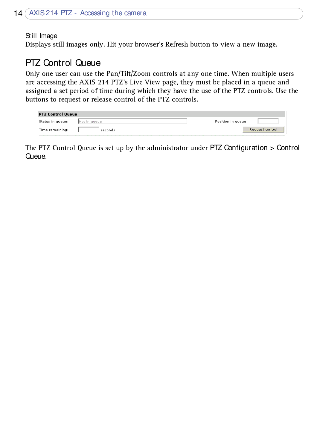 Axis Communications AXIS 214 PTZ user manual PTZ Control Queue, Still Image 