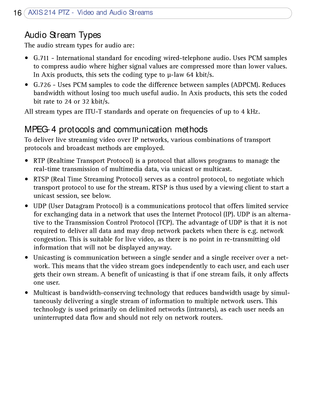 Axis Communications AXIS 214 PTZ user manual Audio Stream Types, MPEG-4 protocols and communication methods 