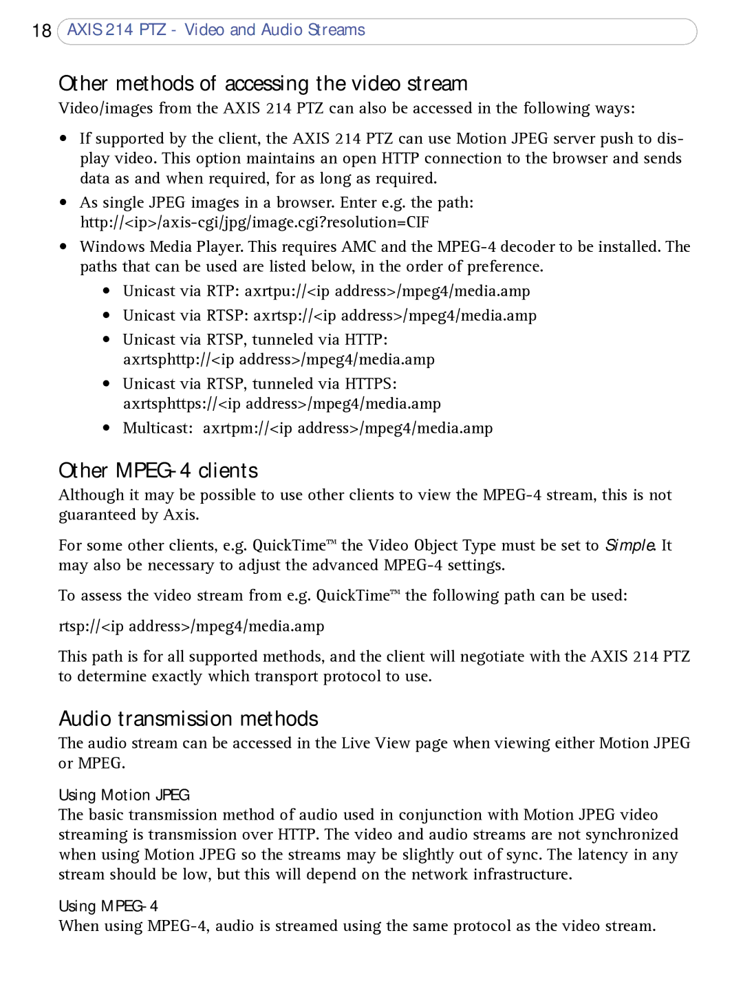 Axis Communications AXIS 214 PTZ Other methods of accessing the video stream, Other MPEG-4 clients, Using Motion Jpeg 