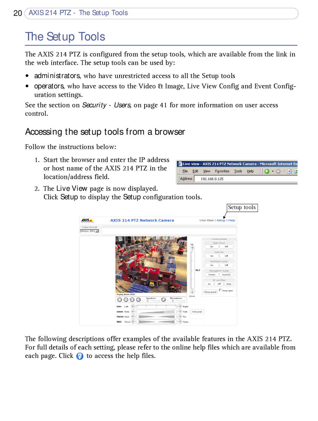 Axis Communications AXIS 214 PTZ user manual Setup Tools, Accessing the setup tools from a browser 