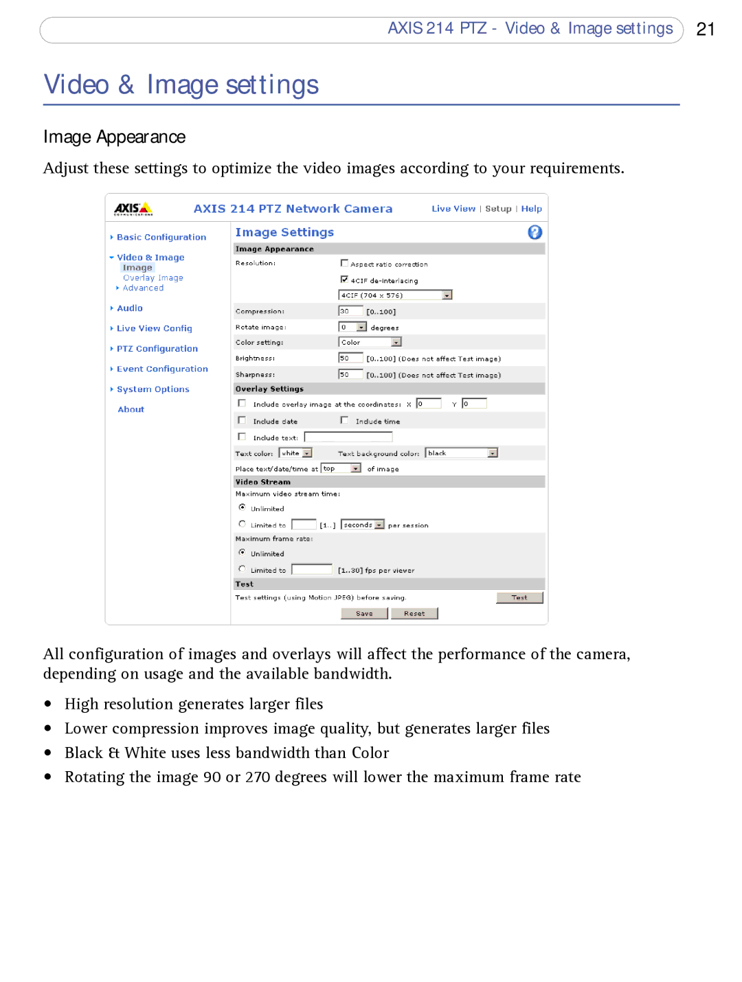 Axis Communications AXIS 214 PTZ user manual Video & Image settings, Image Appearance 