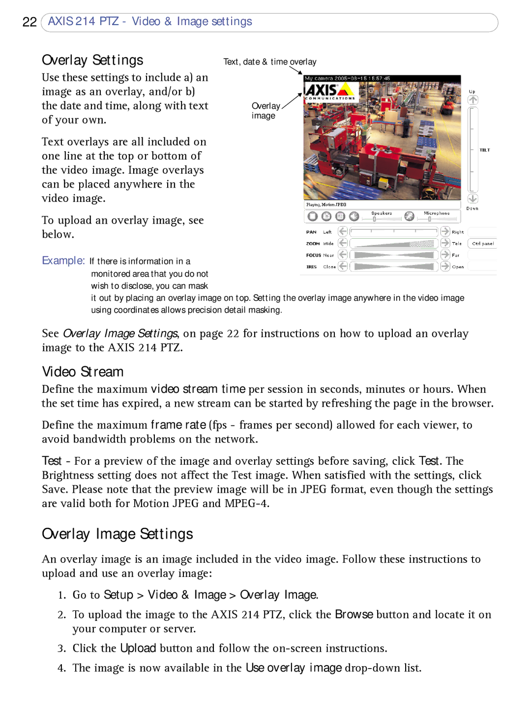 Axis Communications AXIS 214 PTZ user manual Overlay Settings, Video Stream, Overlay Image Settings 