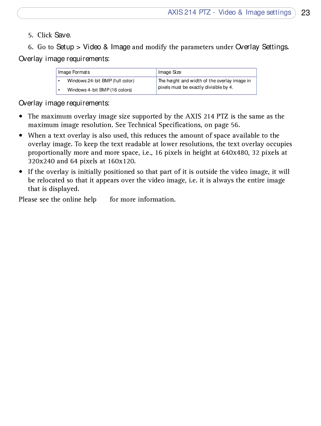 Axis Communications AXIS 214 PTZ user manual Overlay image requirements, Image Formats Image Size 