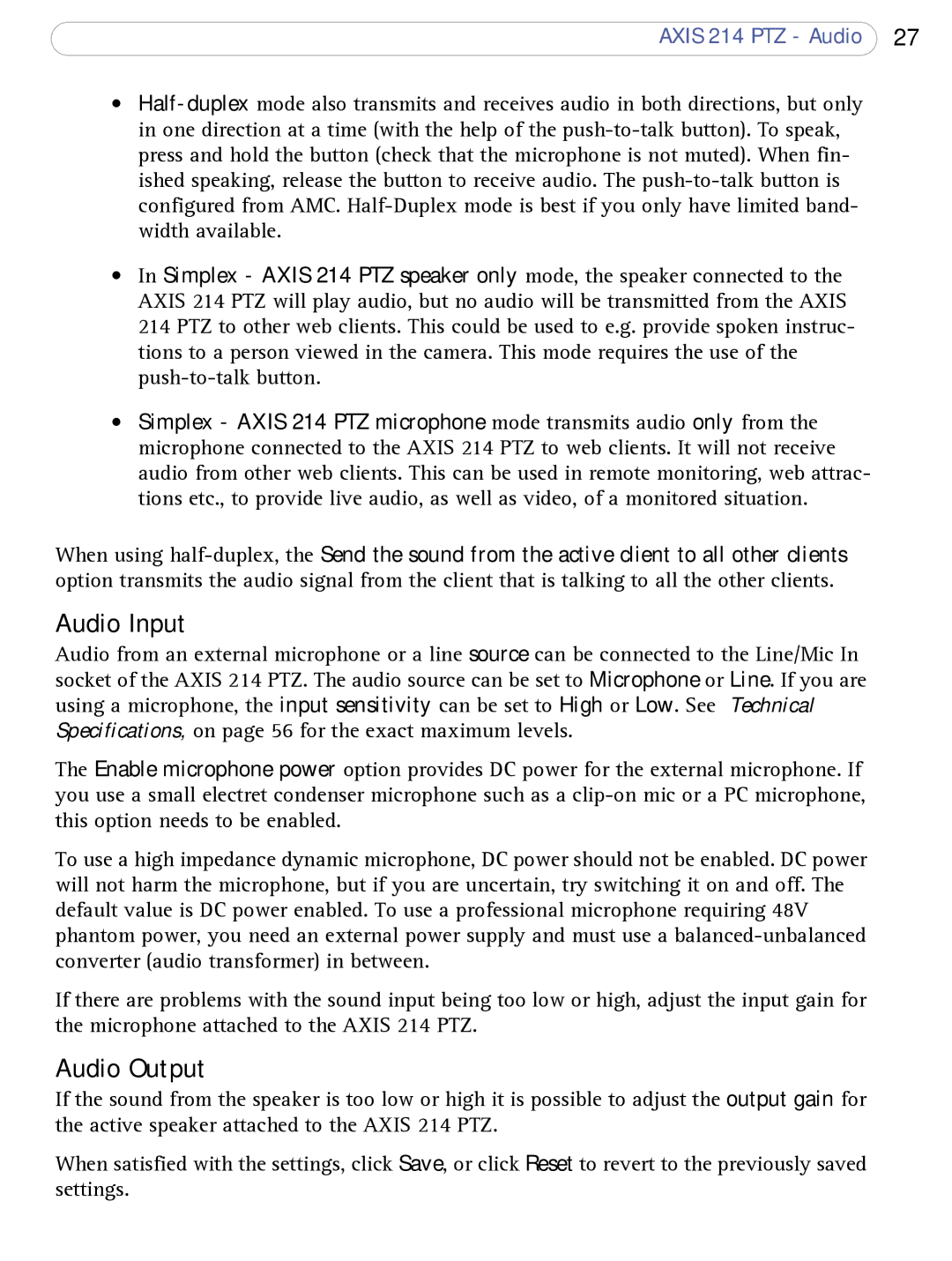 Axis Communications AXIS 214 PTZ user manual Audio Input, Audio Output 