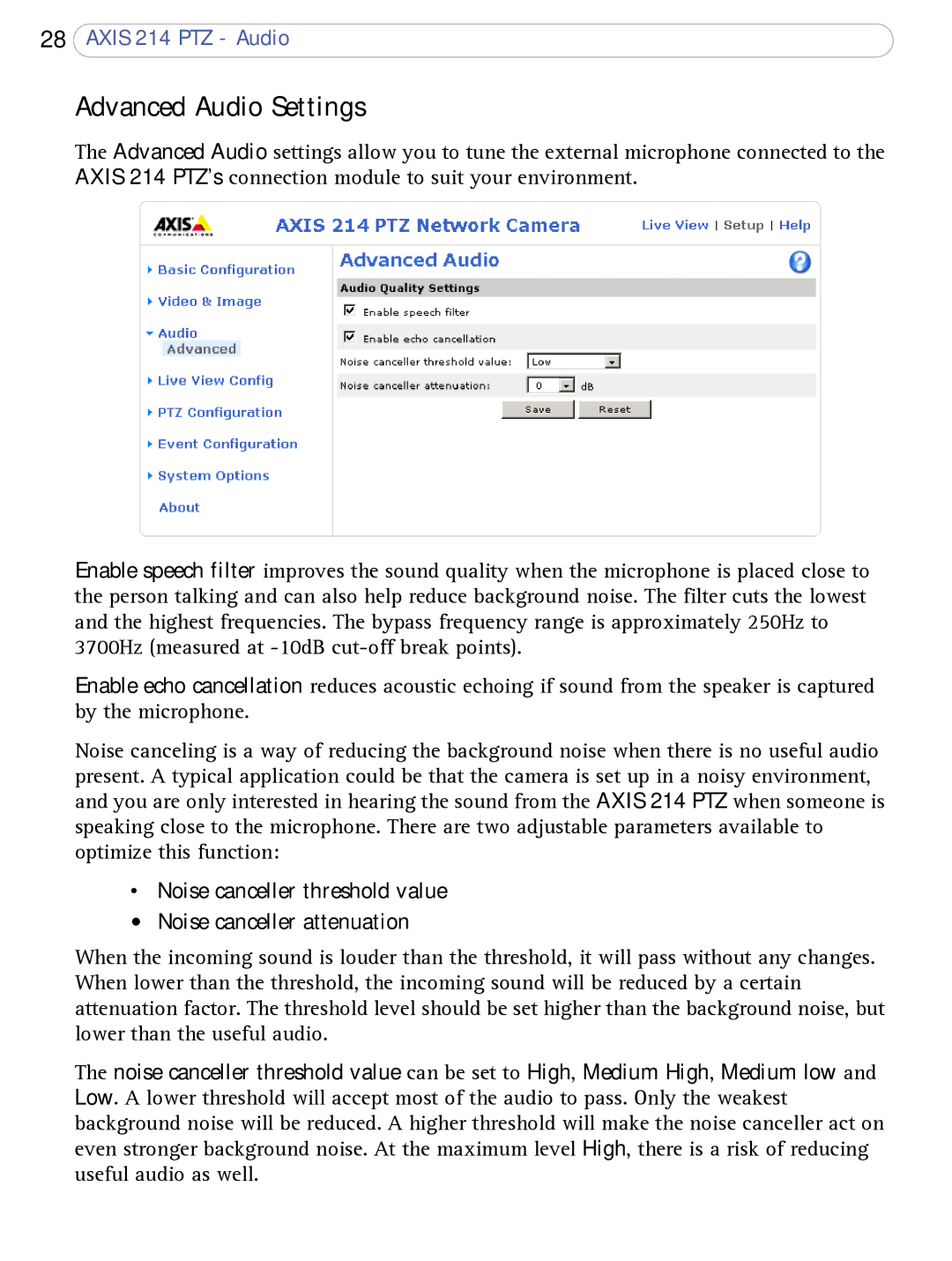 Axis Communications AXIS 214 PTZ Advanced Audio Settings, Noise canceller threshold value Noise canceller attenuation 