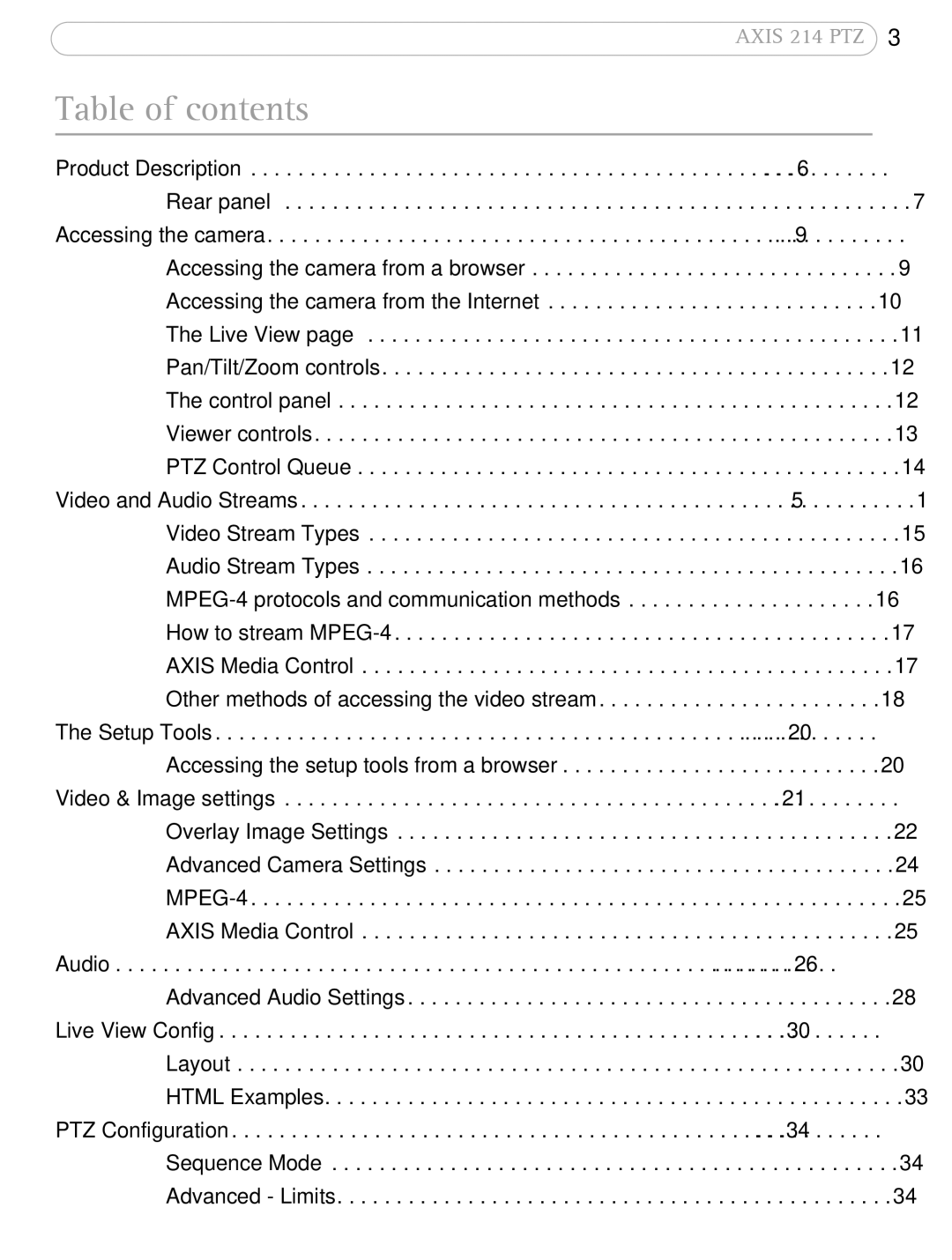 Axis Communications AXIS 214 PTZ user manual Table of contents 