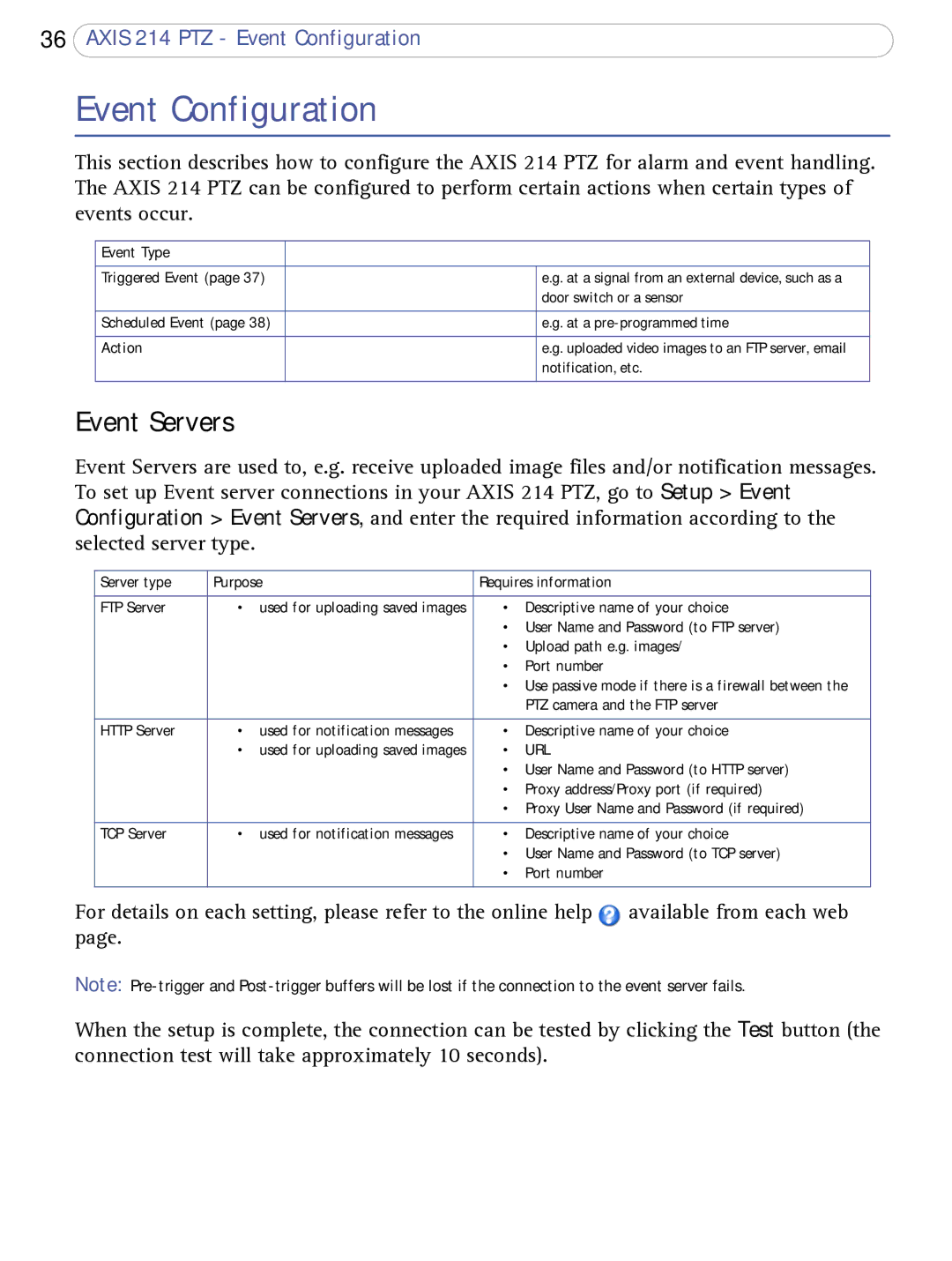 Axis Communications AXIS 214 PTZ user manual Event Configuration, Event Servers 