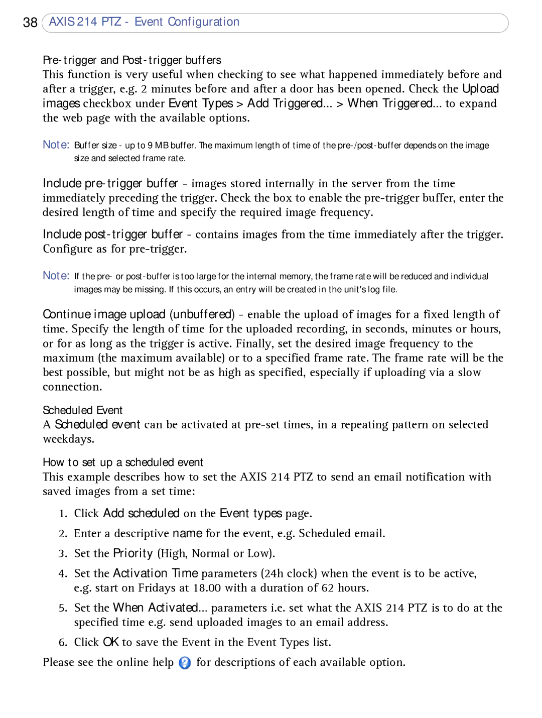 Axis Communications AXIS 214 PTZ Pre-trigger and Post-trigger buffers, Scheduled Event, How to set up a scheduled event 