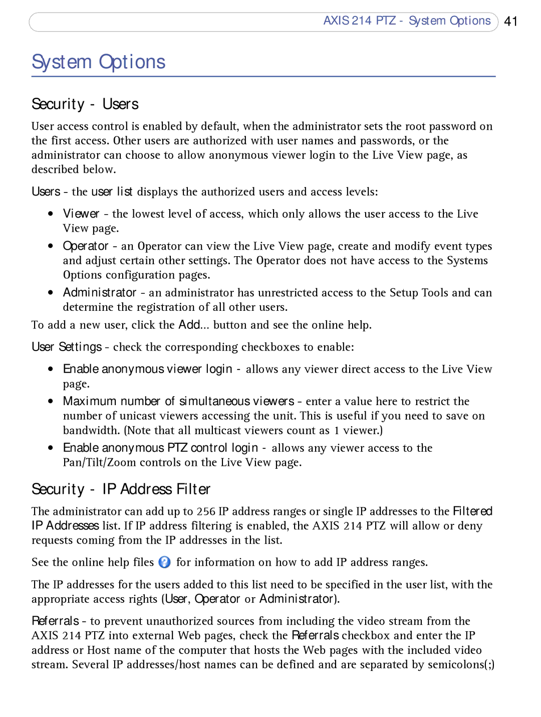 Axis Communications AXIS 214 PTZ user manual System Options, Security Users, Security IP Address Filter 