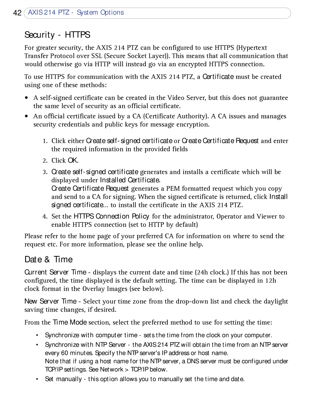 Axis Communications AXIS 214 PTZ user manual Security Https, Date & Time 