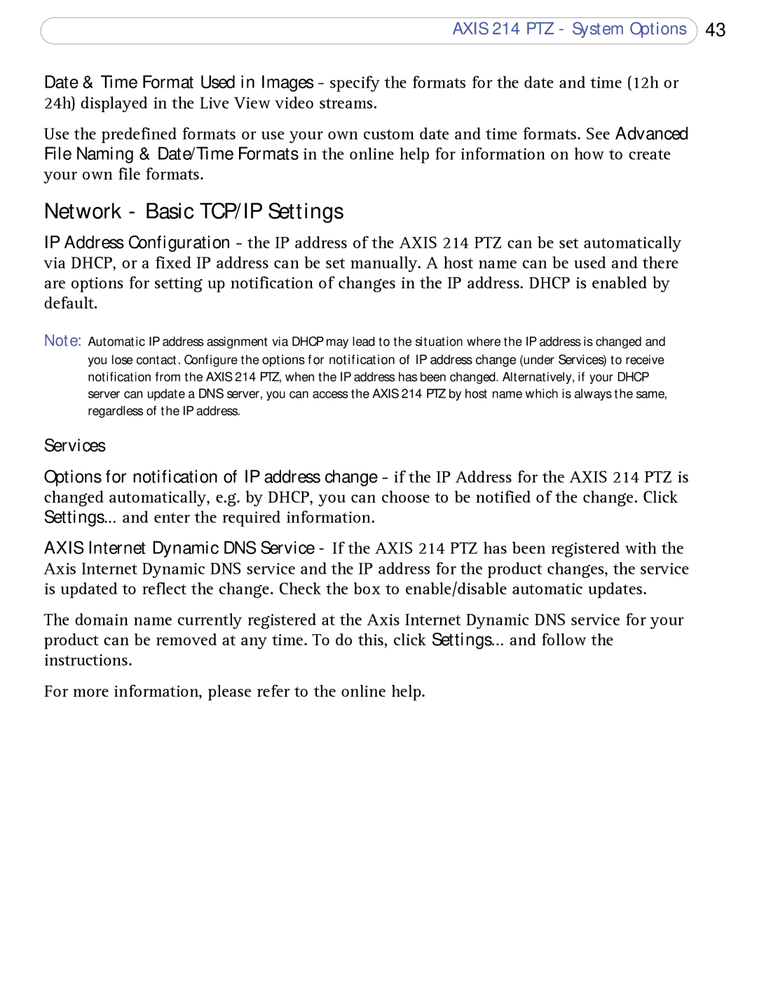 Axis Communications AXIS 214 PTZ user manual Network Basic TCP/IP Settings, Services 