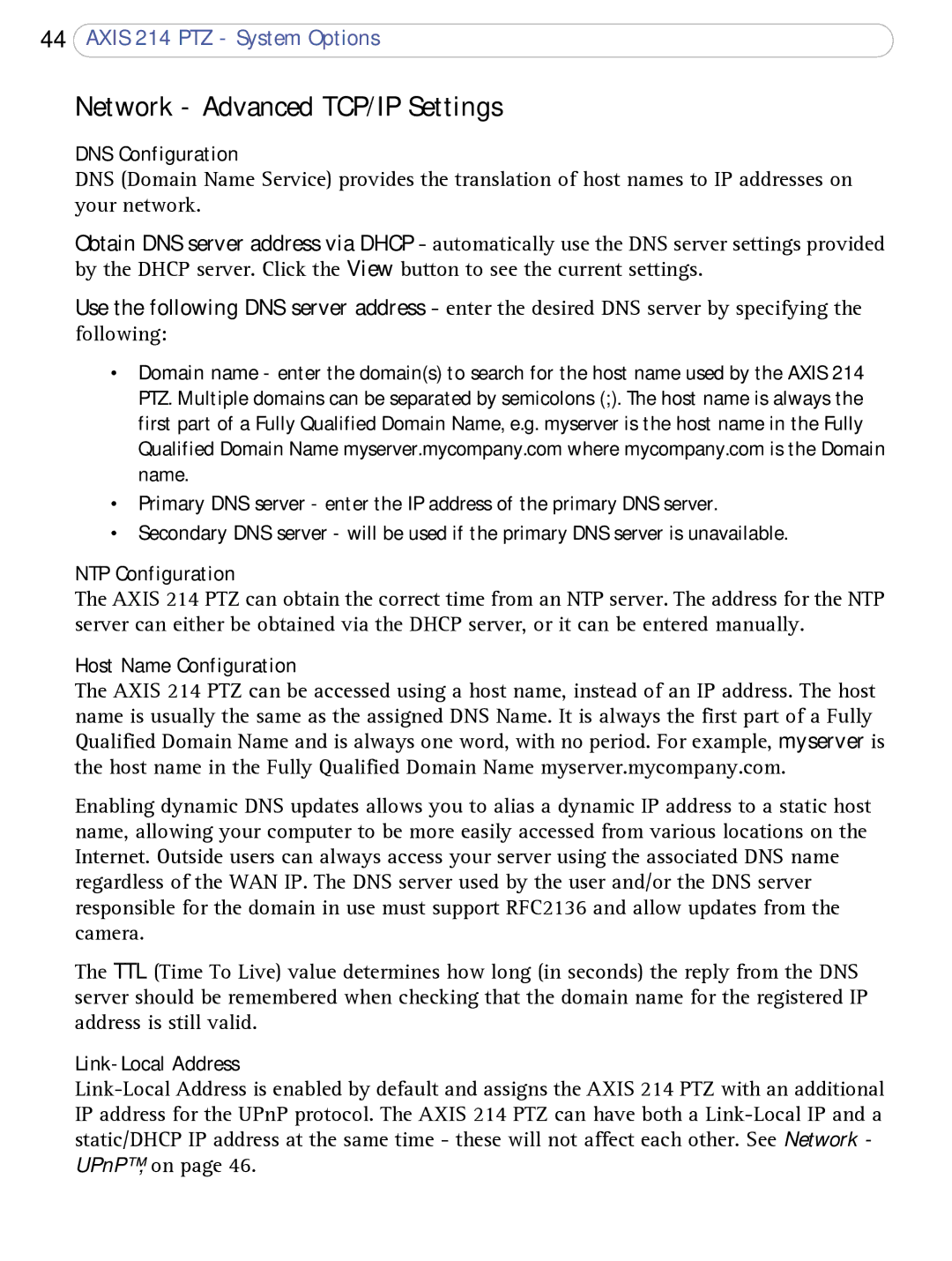 Axis Communications AXIS 214 PTZ user manual Network Advanced TCP/IP Settings, DNS Configuration, NTP Configuration 